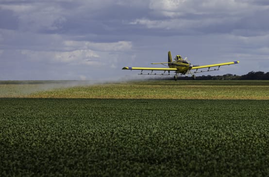 Pulverização aérea de agrotóxicos sobre campos de soja