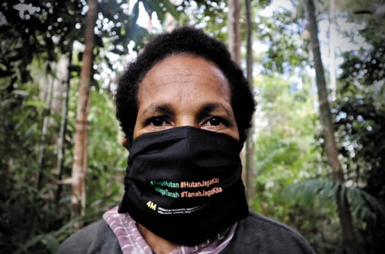 Mulher de papua com máscara "Protejam a floresta - a floresta nos protege"