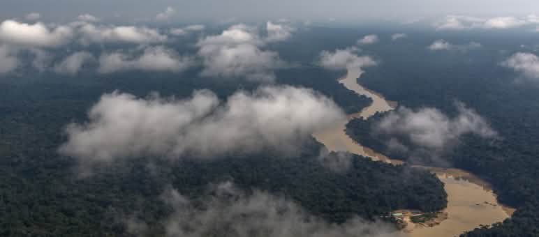 Floresta amazônica no Pará Fotografia aérea com nuvens e rio sinuoso passando pela floresta tropical
