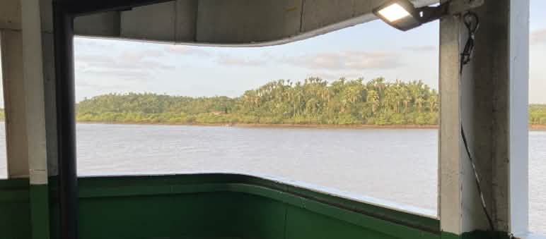 Olhar em direção à pequena Ilha do Cajual, onde deve ser instalado o planejado terminal privado portuário Olhar a partir de um convés sobre a água - ao fundo, terra e palmeiras