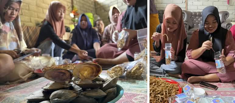 As mulheres de Tompira transformam conchas em petiscos e os empacotam para vendê-los no mercado local Colagem As mulheres de Tompira transformam conchas em petiscos e os empacotam para vendê-los no mercado local