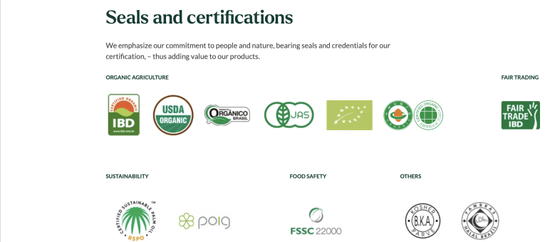 Screenshot do site da Agropalma com logotipos dos diversos “selos” outorgados à firma Screenshot do site da Agropalma com os logotipos dos diversos "selos" concedidos à empresa
