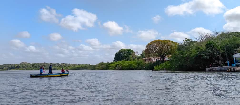 Pescadores artesanais da comunidade de Portinho, que faz parte da Resex Tauá-Mirim, mantêm viva a cultura e os saberes do território Sob o céu azul, um pequeno barco navega pelo mar com três pescadores. À direita estão pequenas casas no meio de uma floresta.