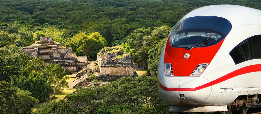 A 160 km/h nas entranhas da floresta tropical mexicana Montagem de trem DAV e ruínas maias de Ek Balan em Yucatán