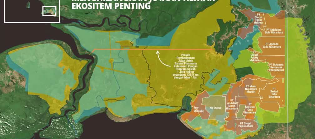 Milhões de hectares de floresta tropical, ecossistemas importantes e os direitos dos indígenas estão sendo sacrificados para produzir açúcar, bioetanol e arroz Mapa de Merauke com concessões para o cultivo de cana-de-açúcar e arroz