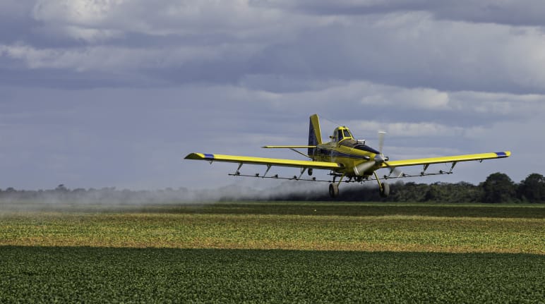 Um avião a hélice pulveriza pesticidas do ar sobre um campo de soja