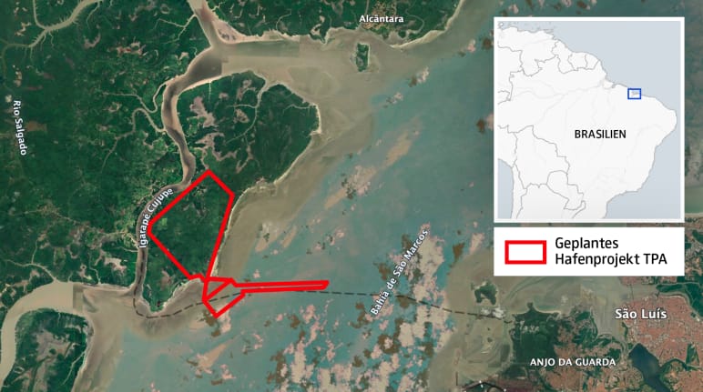 Mapa com a localização dos limites do projeto portuário TPA