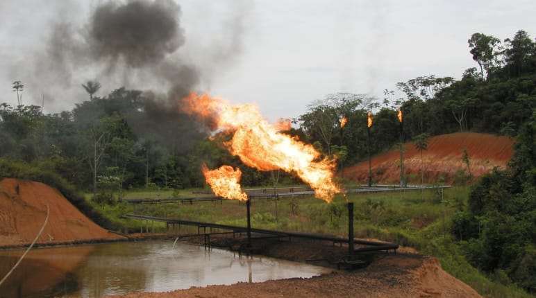 Gas flaring, tubulações e “lago” de petróleo na floresta tropical