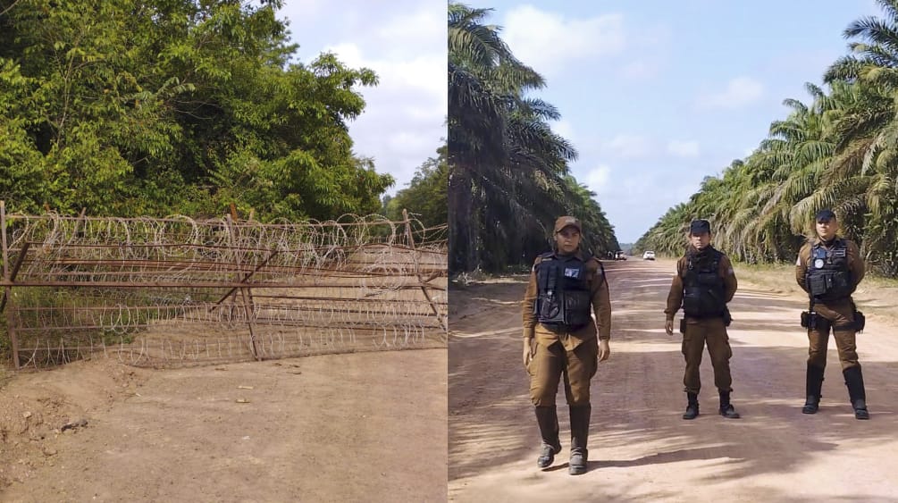 A foto é composta por duas imagens diferentes. À esquerda da foto, um bloqueio feito com arame farpado impede a passagem por uma estrada de terra. À direita, três homens em pé, uniformizados e com coletes de segurança, encaram a câmera.