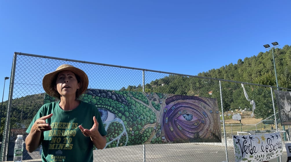 Aida Fernandes, de Covas do Barroso, com uma camiseta contendo o texto "Green is Barroso, No to the Mines"; ao fundo, uma faixa que marca o contraste entre a mineração e a natureza íntegra