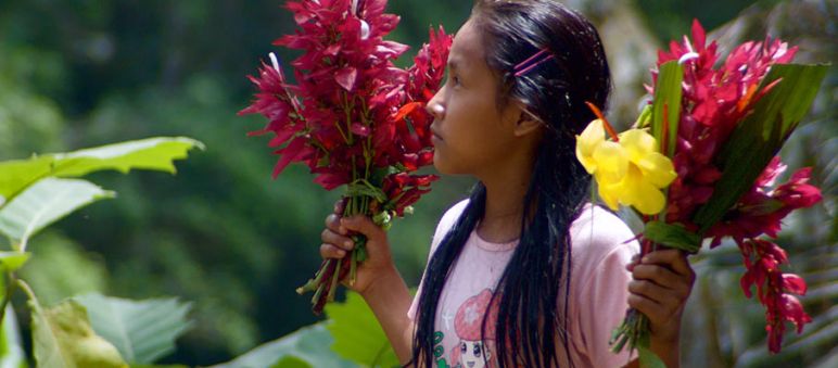 Garota Kichwa em Sarayaku Uma garota do povo Kichwa em Sarayaku com flores nas mãos